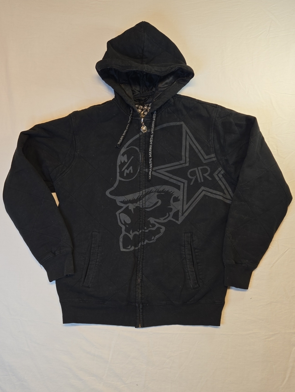Metal Mulisha Rockstar Black & Grey Quilted Full Zip Hoodie Sweater Vintage Y2K